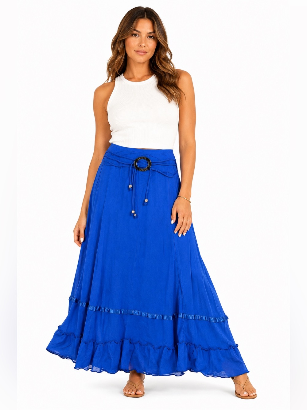 Y2K Vintage Boho Maxi Skirt w Beaded Belt Buckle Details (Royal Blue) Size M